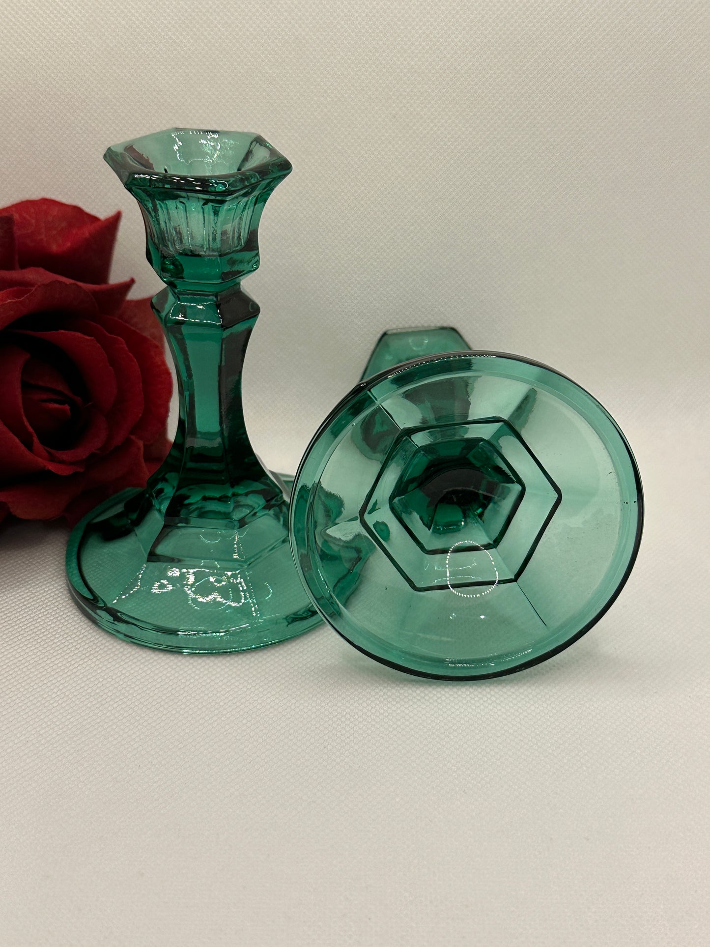 Indiana Glass Co. Teal Green Candle Holders