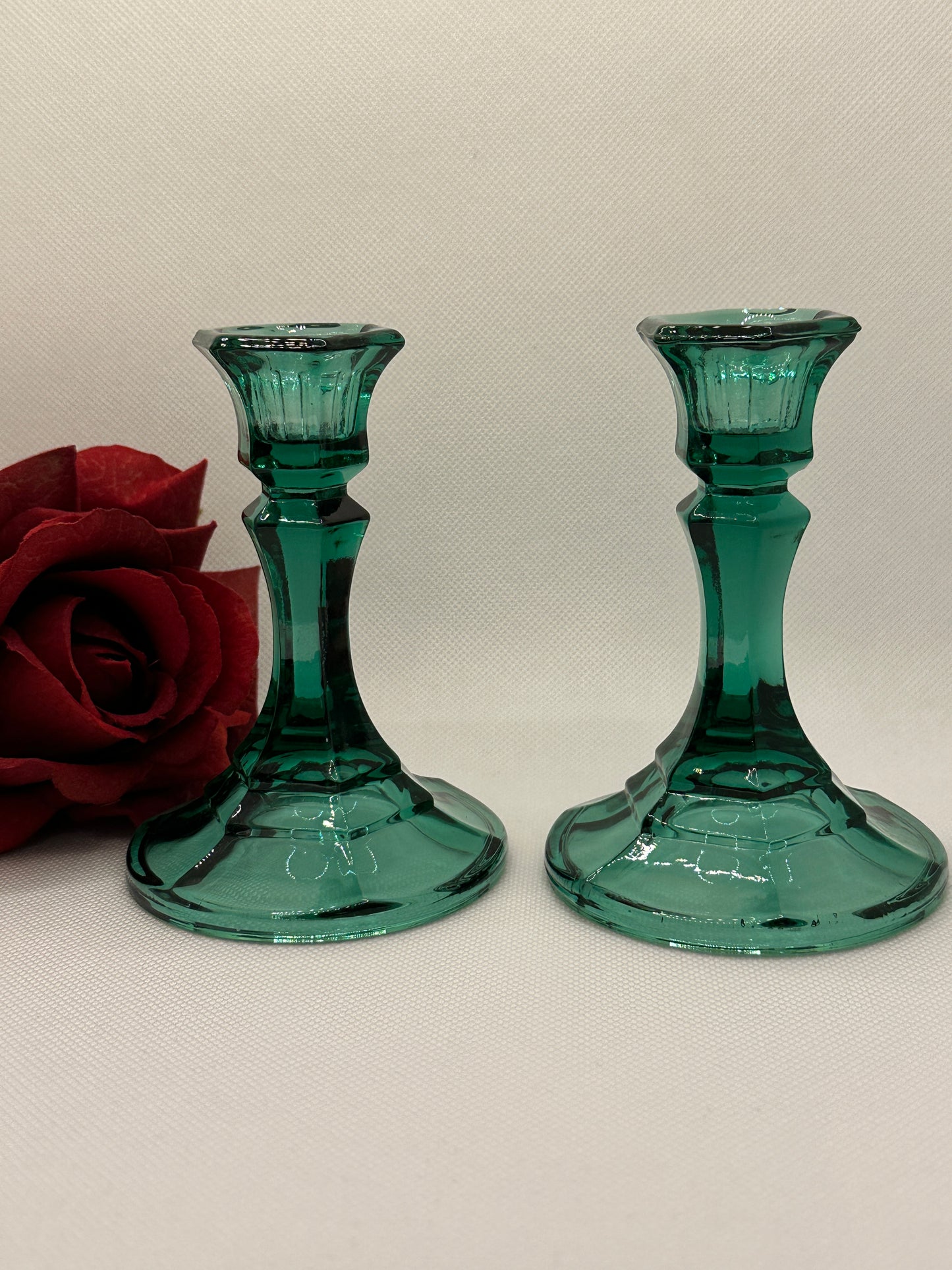 Indiana Glass Co. Teal Green Candle Holders