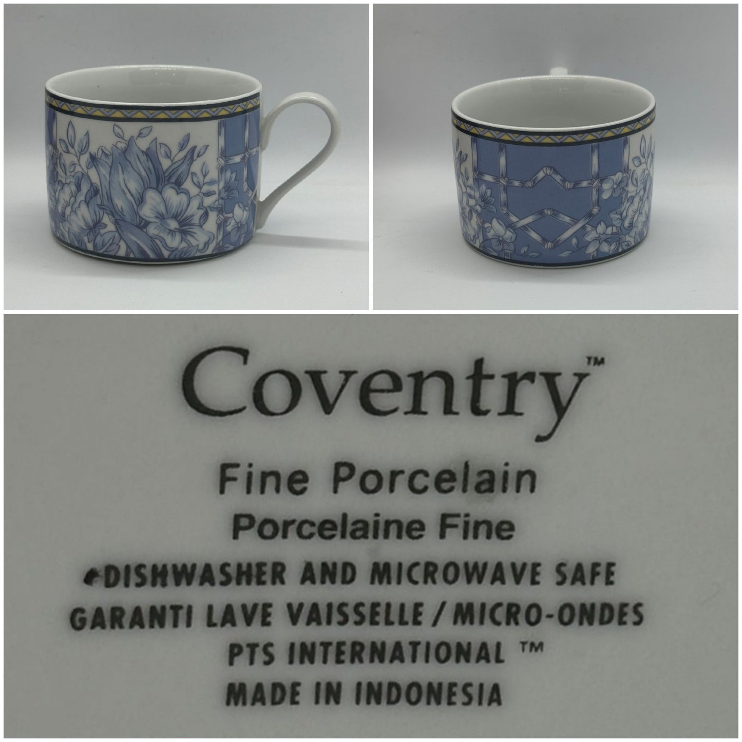 Blue and white patterned mug with product information label.