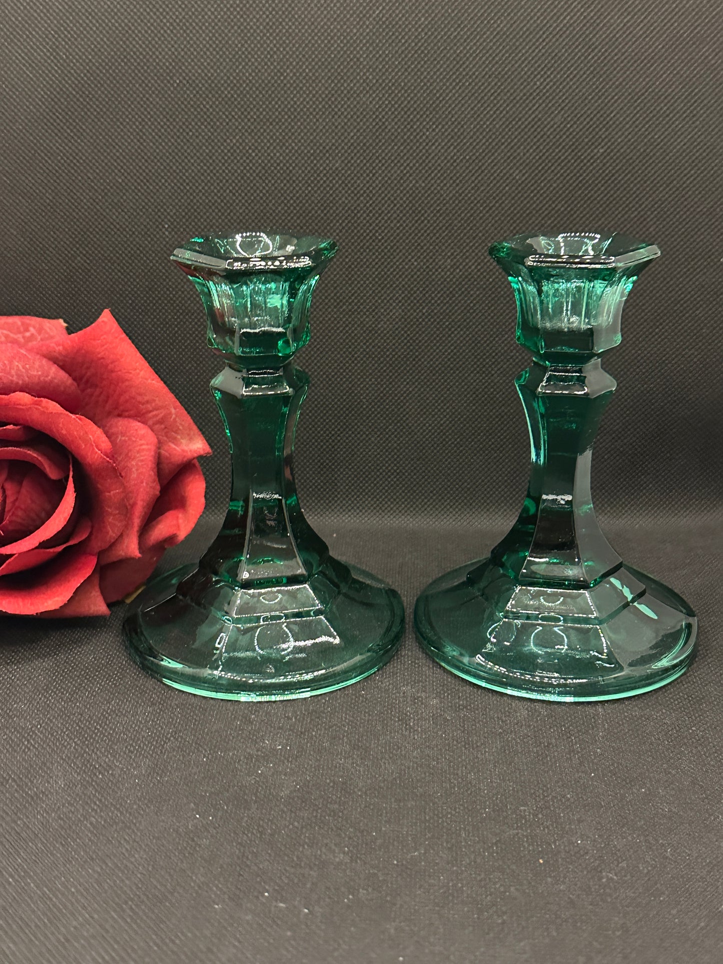 Indiana Glass Co. Teal Green Candle Holders