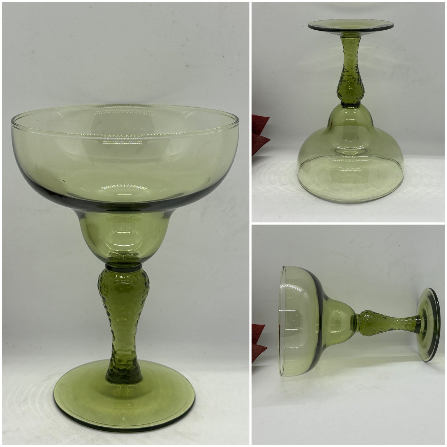 A set of three images displaying a green margarita glass with a textured stem. The main image shows the glass from the front, while the other two show the glass from different angles, including the stem.