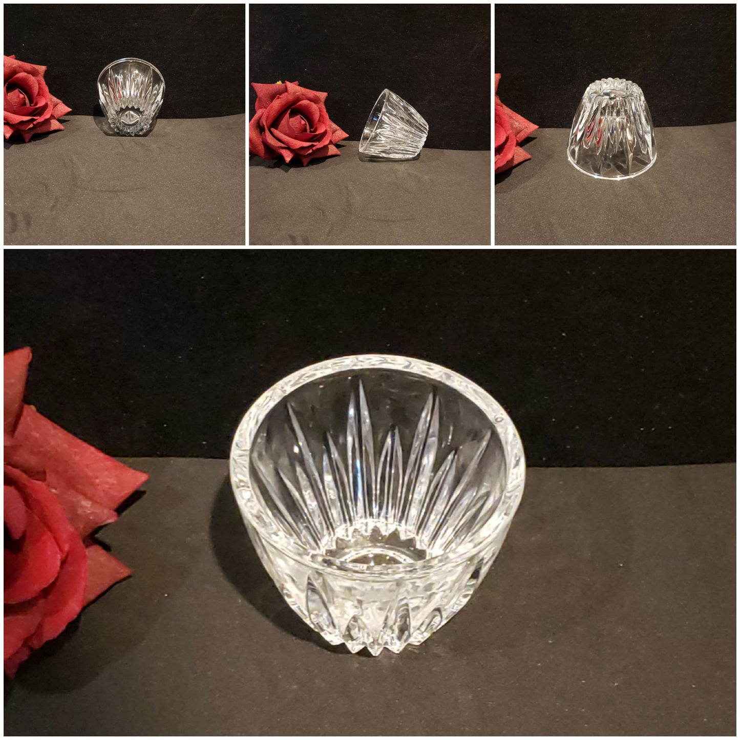 A collage of three images showcasing a clear crystal Mikasa City Style Votive Candle Holder with intricate designs, displayed on a dark surface with a red rose to the side.