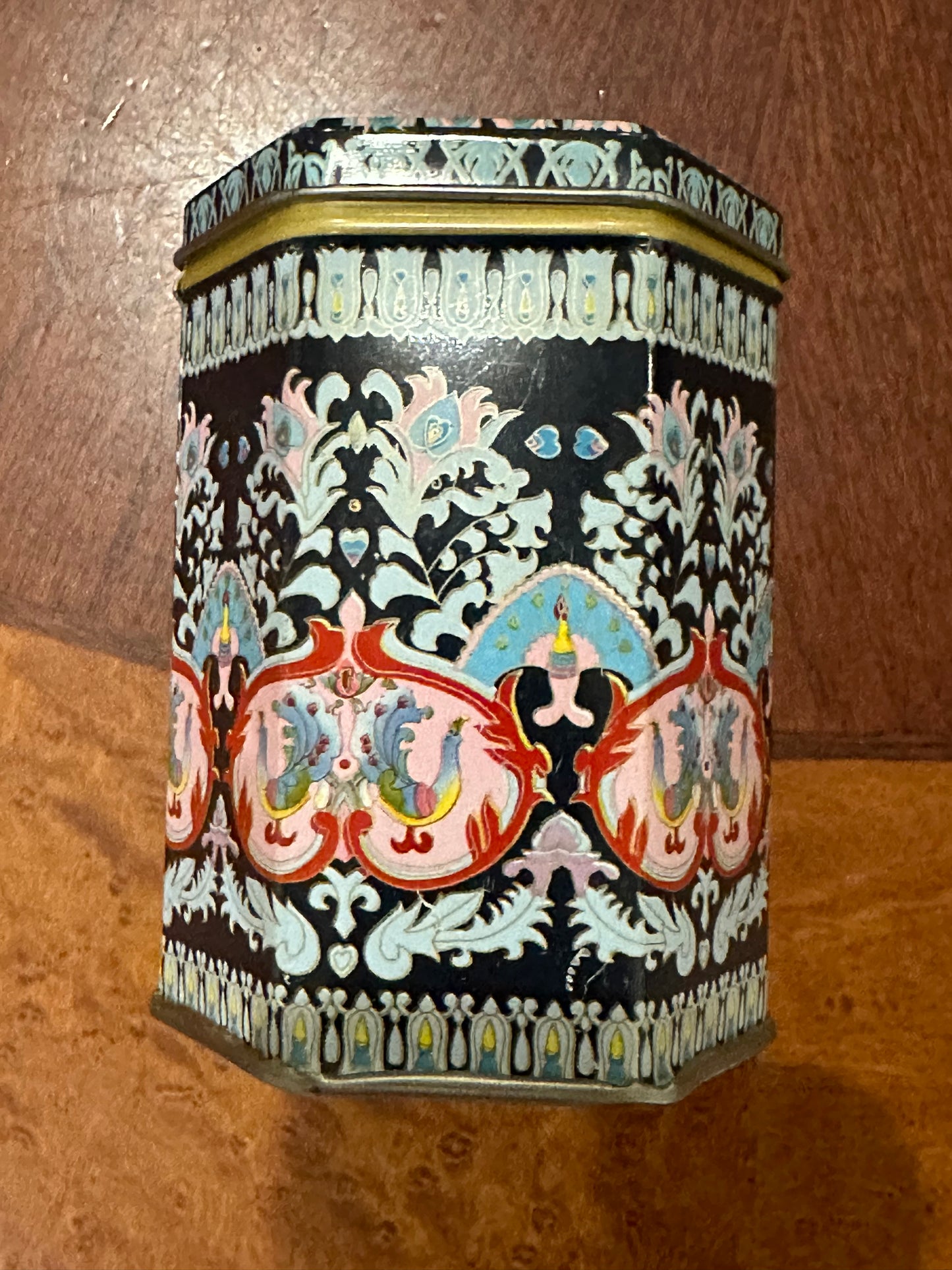 Six Sided Lidded Peacock Tin