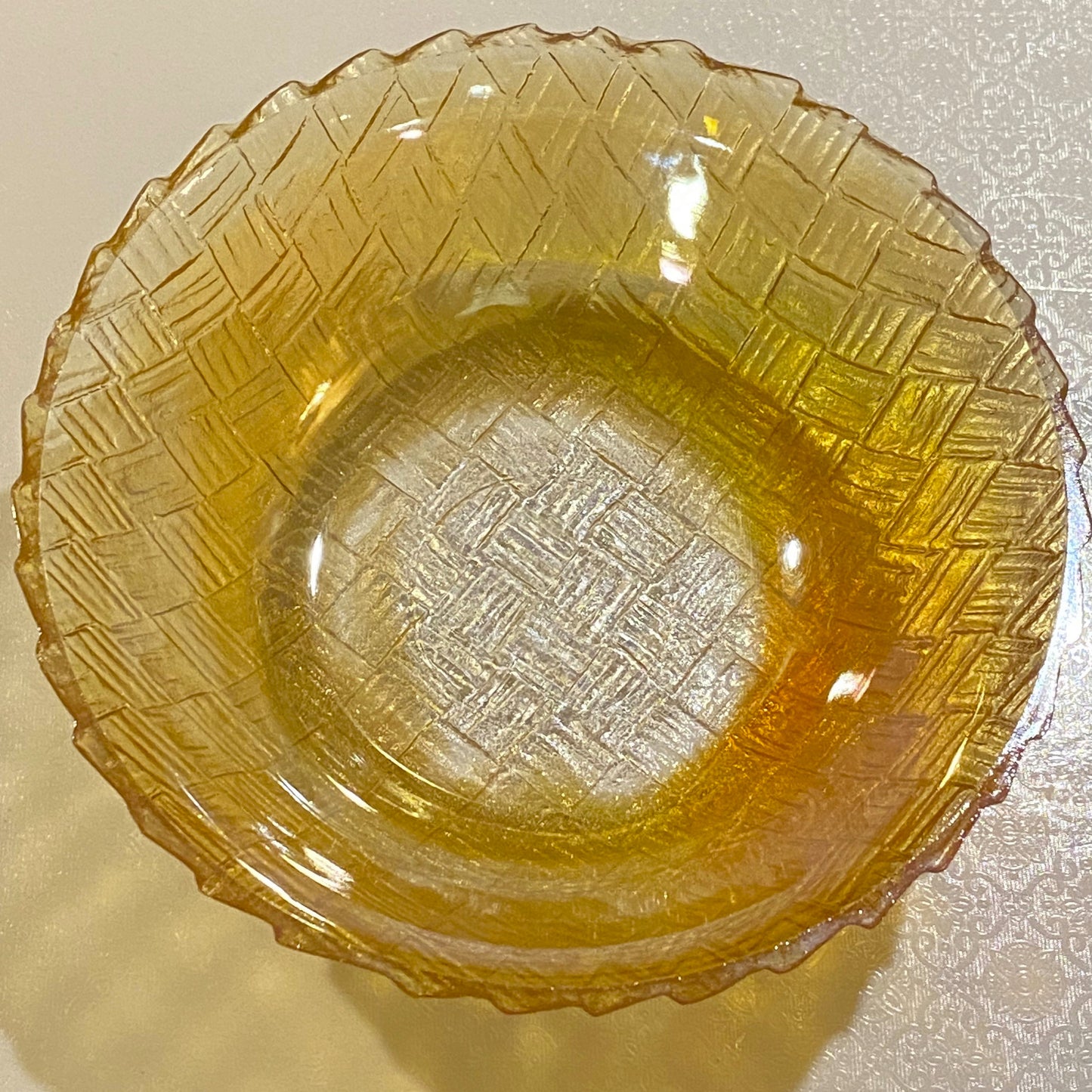 Marigold Carnival Basket Weave Glass Bowl
