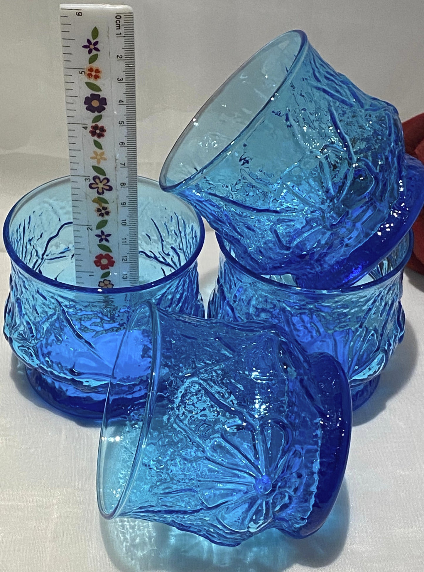 Old Fashioned Rain flower Laser Blue Glasses by Anchor Hocking