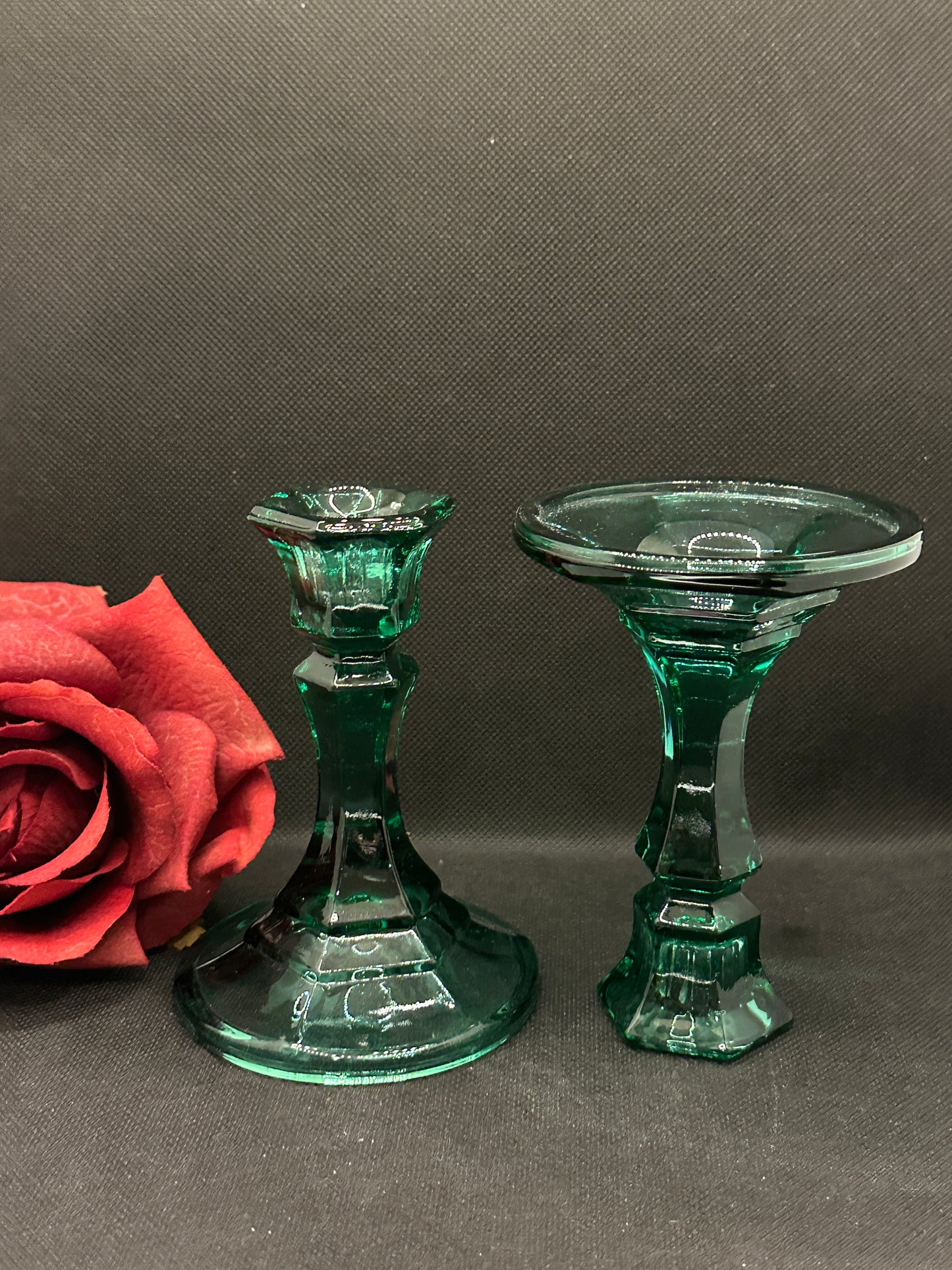 Indiana Glass Co. Teal Green Candle Holders