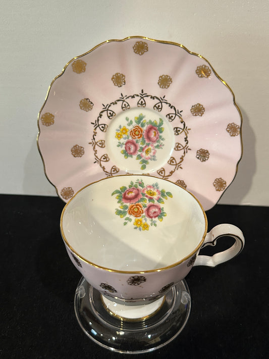 Grosvenor Bone China Tea Cup and Saucer Pink Floral Center