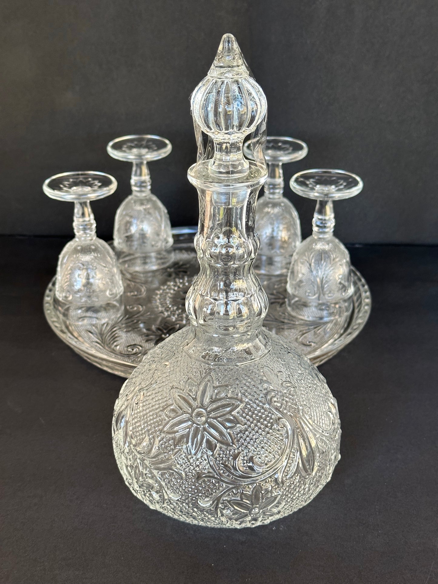 Vintage Tiara Exclusive Indiana Glass Clear Decanter Wine Cordial Glass Set
