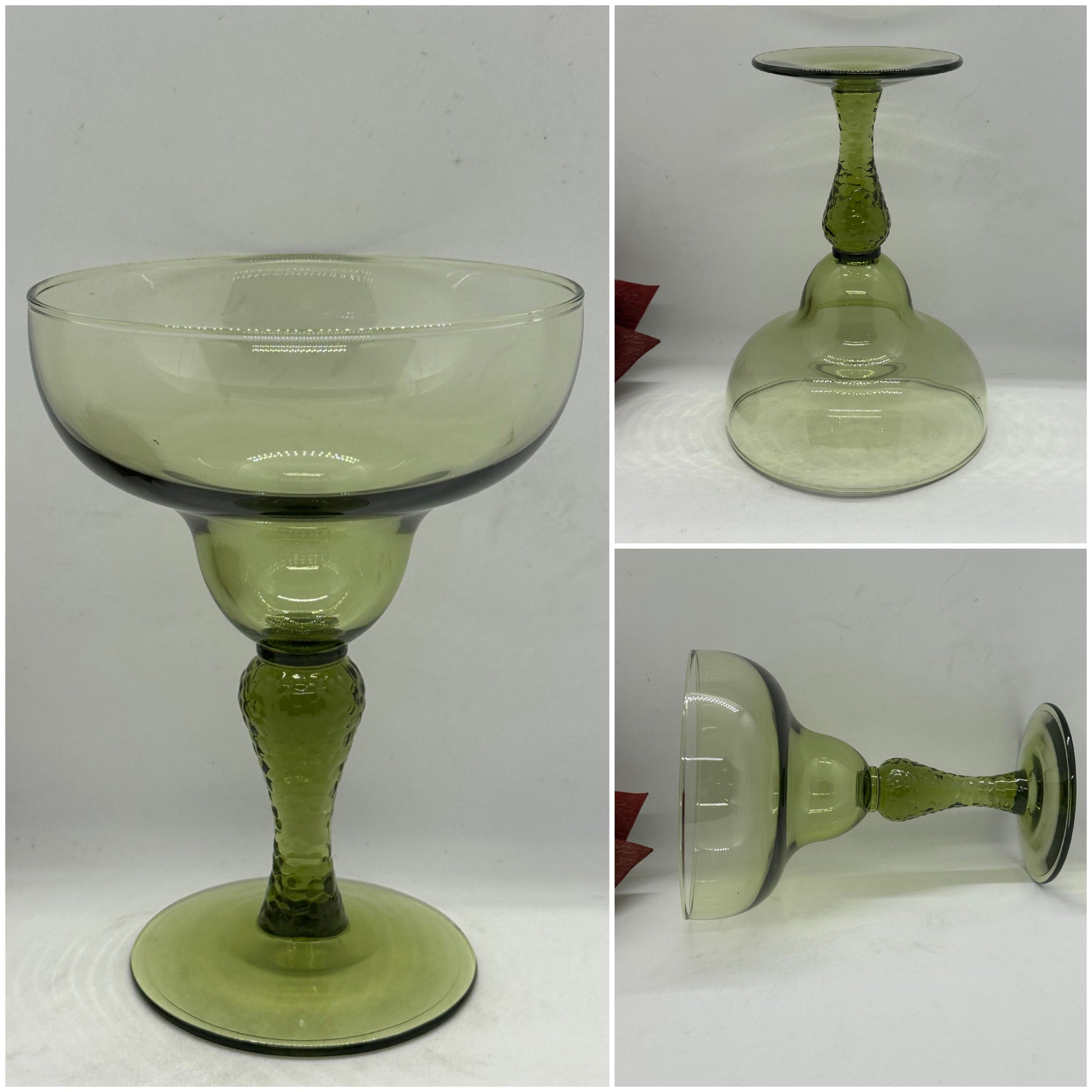 A set of three images displaying a green margarita glass with a textured stem. The main image shows the glass from the front, while the other two show the glass from different angles, including the stem.