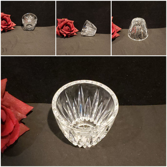A collage of three images showcasing a clear crystal Mikasa City Style Votive Candle Holder with intricate designs, displayed on a dark surface with a red rose to the side.