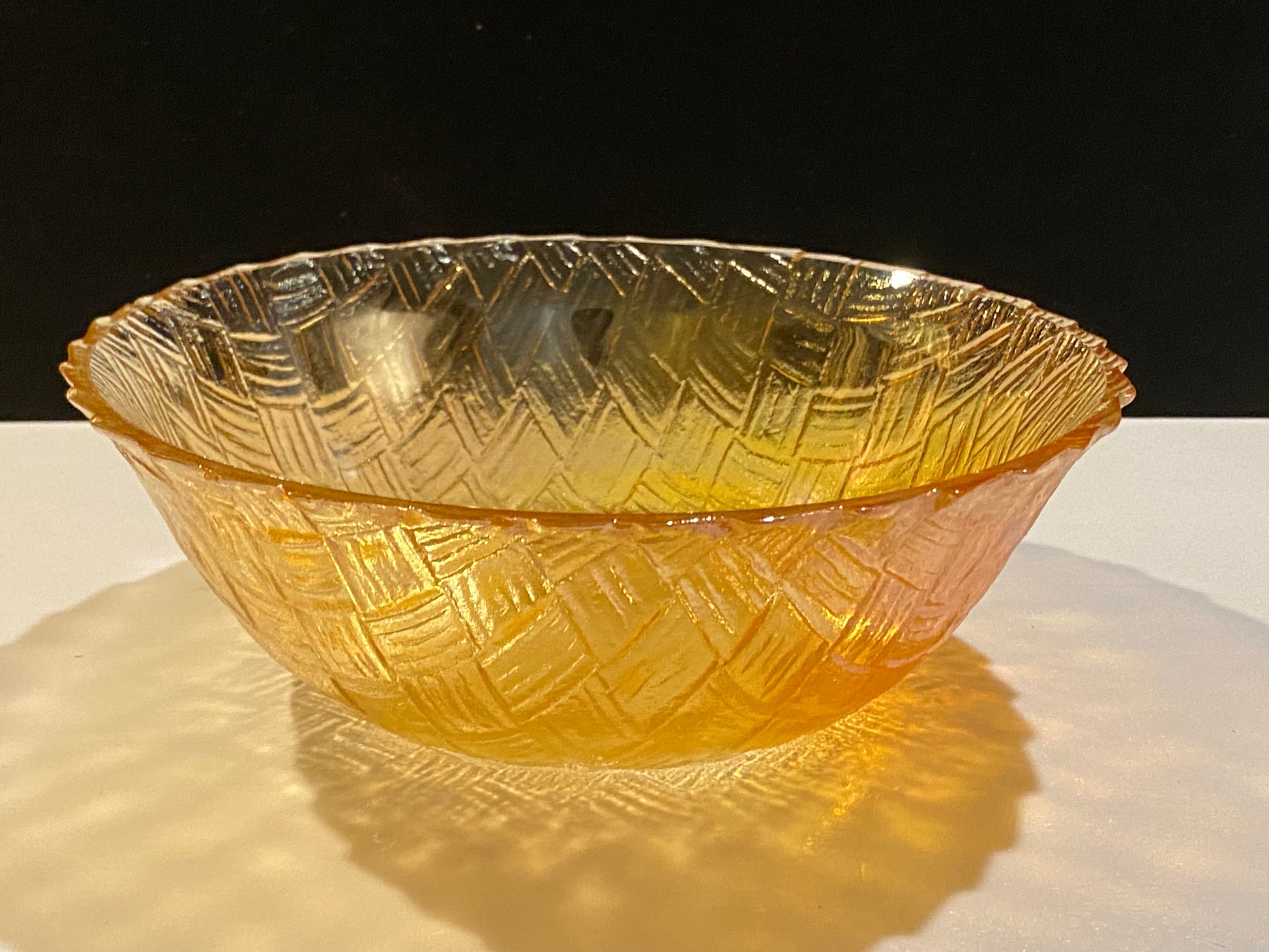 Marigold Carnival Glass Weave Basket