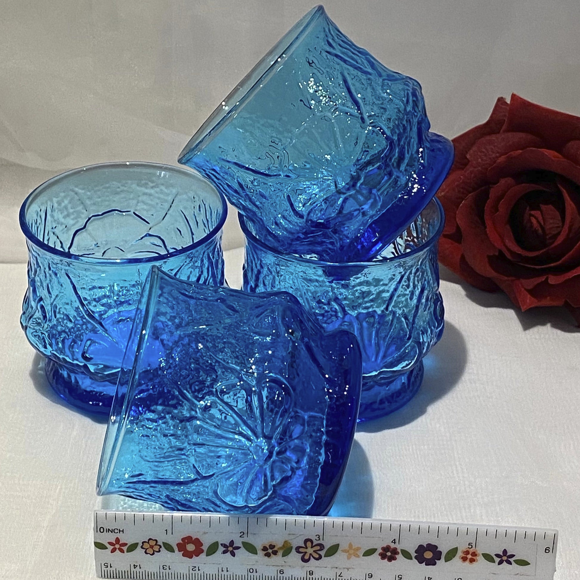 Old Fashioned Rainflower Laser Blue Glasses by Anchor Hocking