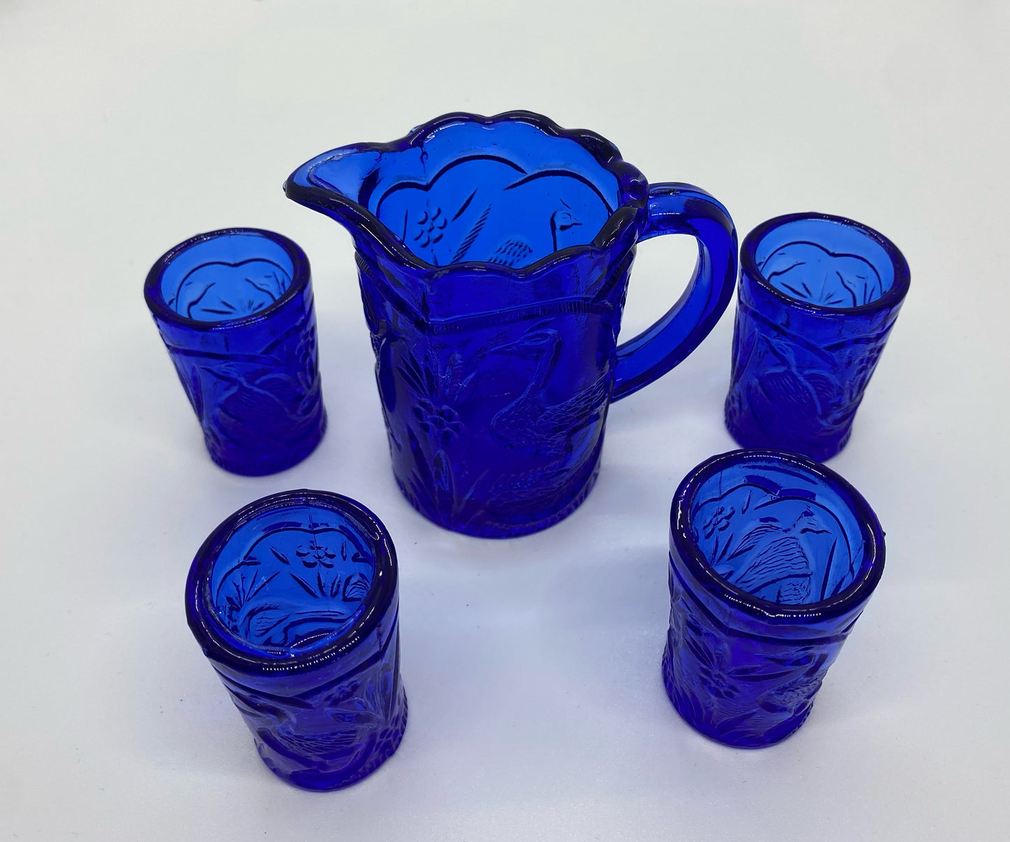 Mini Cobalt Blue Pitcher & 4 Glasses with Embossed Peacock Motif