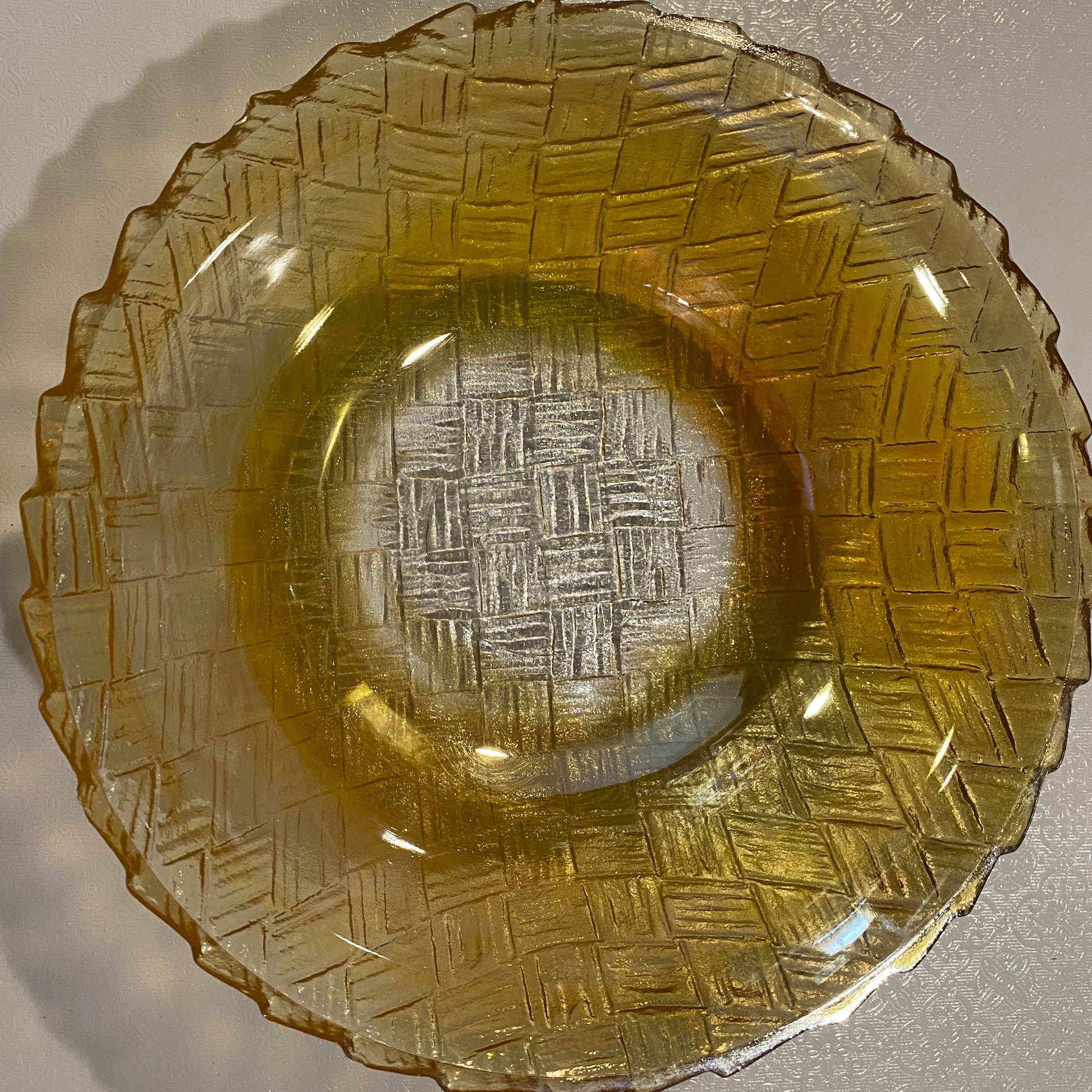 Marigold Carnival Glass Weave Basket