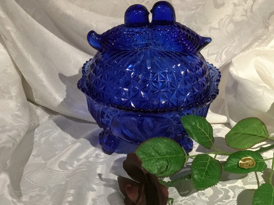Original Hofbauer Byreds Cobalt Blue Glass 3-Footed Candy Dish w/Love Birds