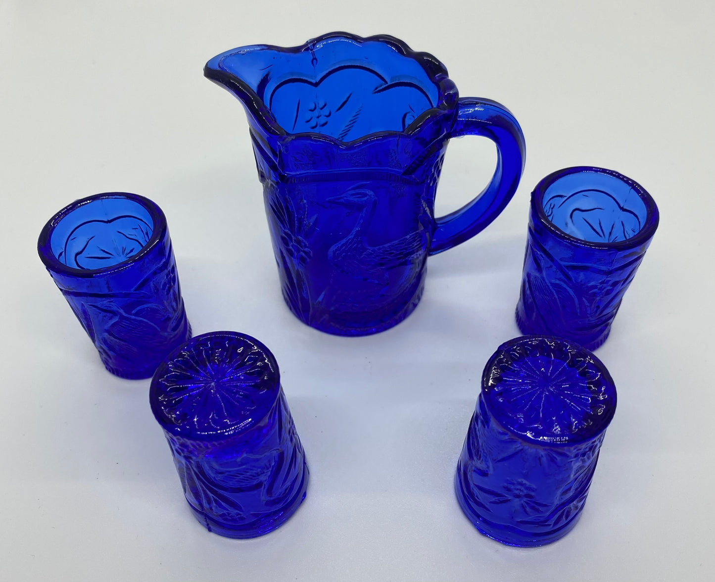 Mini Cobalt Blue Pitcher & 4 Glasses with Embossed Peacock Motif